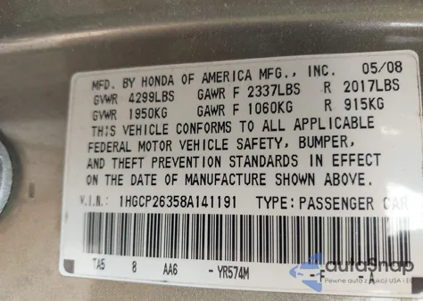 2008 Honda Accord 2.4 Lx from USA, damaged, VIN 1HGCP26358A141191